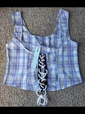 Plaid Lace-Up Corset Top in Pastel Blue